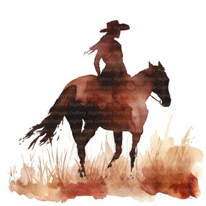May include: Watercolor painting of a brown horse with a rider in a brown hat. The horse and rider are silhouetted against a brown and white background.