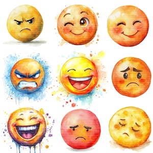 20 Emoji Emoticon Clipart, Smiley Clipart, Clipart digitale, Clipart acquerello, JPG di alta qualità, Download digitale, Carta artigianale, diari