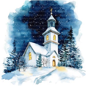 Ensemble de 12 cliparts église de Noël 2, carte de Noël, clipart aquarelle imprimable, fichiers JPG de haute qualité, téléchargement numérique, créations en papier, journal