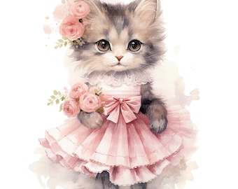12 Floral Kitten Clipart, Shabby Chic Clipart, Printable Watercolor clipart, High Quality JPG, Digital download, Paper craft, junk journal