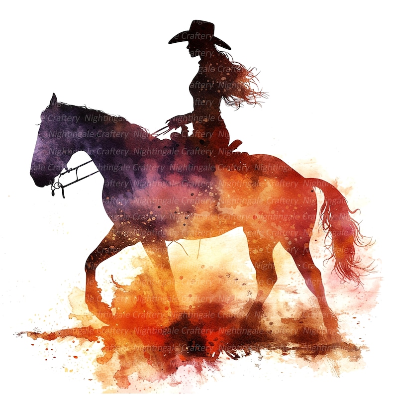 May include: Silhouette of a woman riding a horse in a watercolor style. The background is a mix of orange, red, and yellow colors.