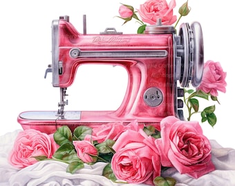 12 Vintage Floral Sewing Machine Clipart, Wydrukowalne akwarelowe clipart, Wysokiej jakości JPG/PNG, Pobieranie cyfrowe, Rękodzieło papierowe, dzienniki śmieci