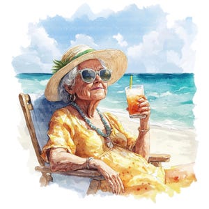 11 Clipart vacances femme âgée, femme âgée, clipart aquarelle imprimable, fichiers JPG de haute qualité, téléchargement numérique, créations en papier, journal