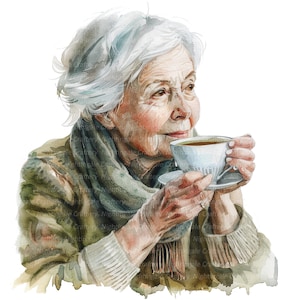 9 Imágenes prediseñadas de mujer mayor bebiendo té, imágenes prediseñadas de té, imágenes prediseñadas de acuarela imprimibles, JPG de alta calidad, descarga digital, artesanía de papel, diario