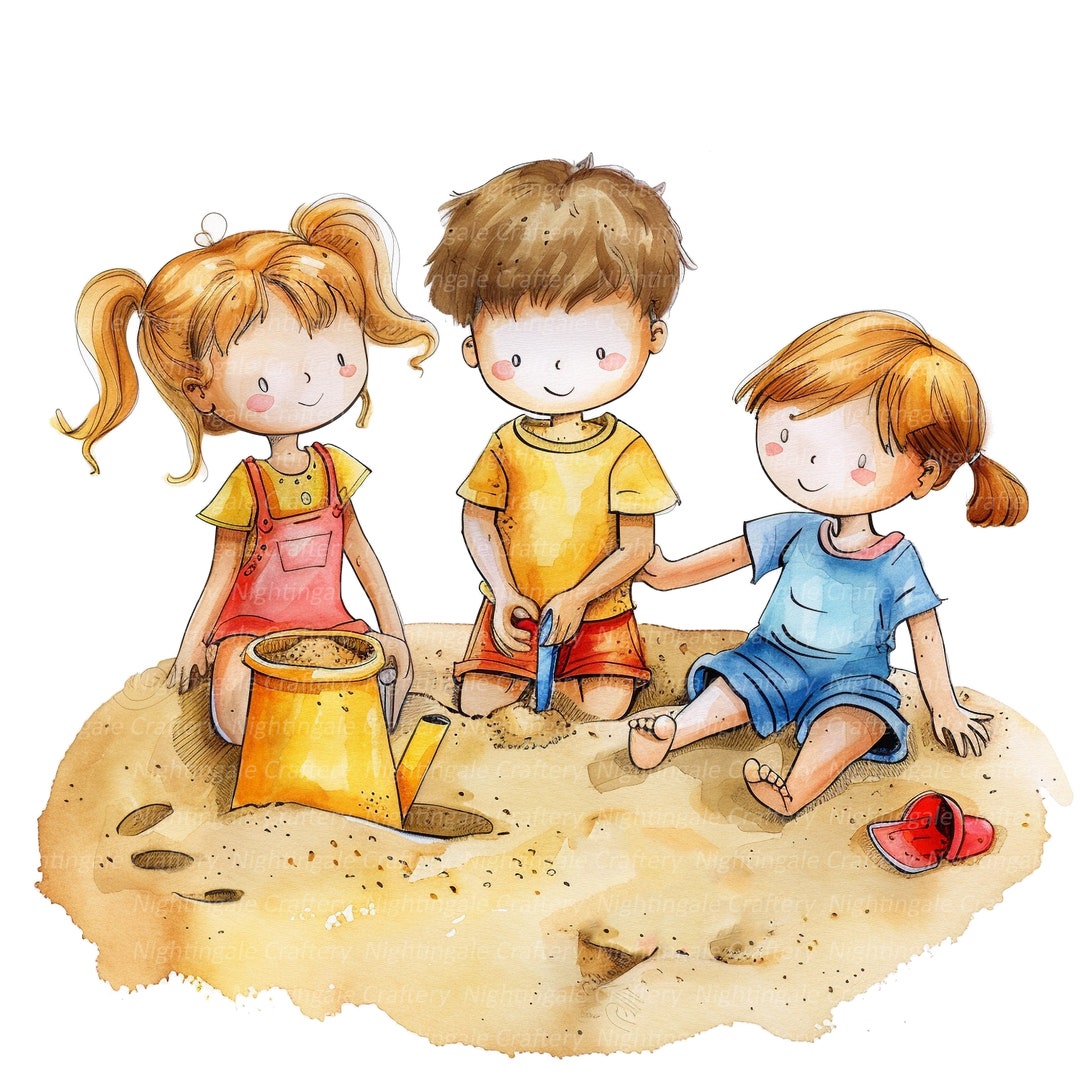 10 Kids in Sandbox Clipart, Playing Kids, Cartoon Kids, Printable Watercolor Clipart, High ...