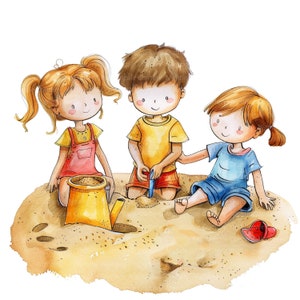 10 niños en Sandbox Clipart, niños jugando, niños de dibujos animados, imágenes prediseñadas de acuarela imprimible, JPG de alta calidad, descarga digital, artesanía de papel