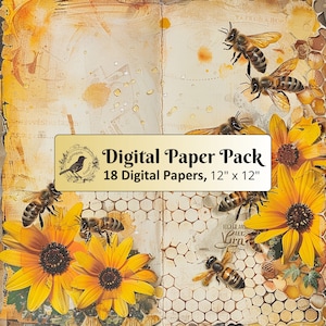 18 documenti di sfondo Vintage Bees Honey, pacchetto di carta digitale 12 x 12, carta per diario spazzatura, carta per album, carta stampabile, JPG di alta qualità