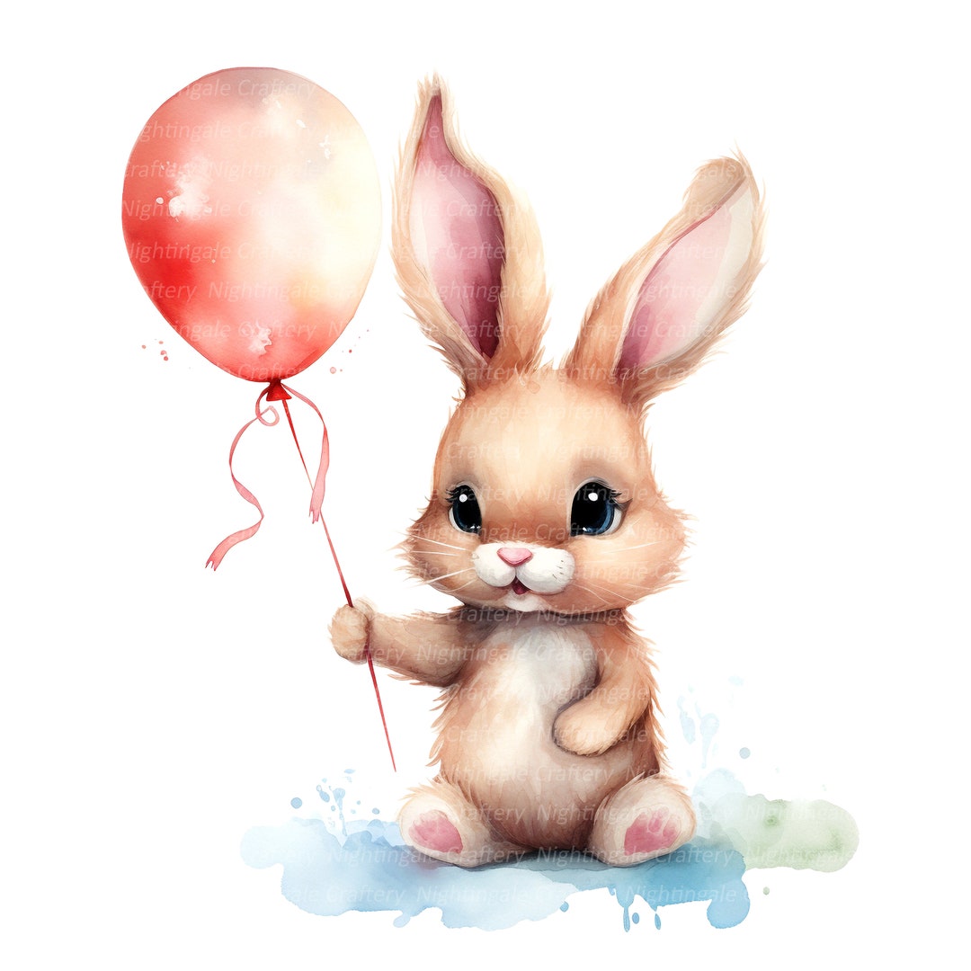 13 Bunny With Balloon Clipart, Printable Watercolor Clipart, 13 High ...
