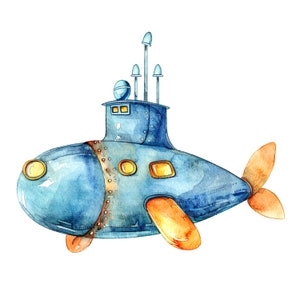 10 Cartoon Submarine Clipart, Toy sub Clipart, Printable Watercolor clipart, High Quality JPGs, Digital download, Paper craft, journaling
