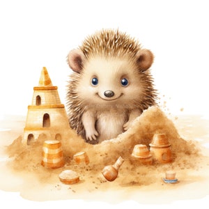 10 Ouriço brincando na caixa de areia Clipart, clipart aquarela para impressão, JPG/PNGs de alta qualidade, download digital, alta resolução, artesanato em papel