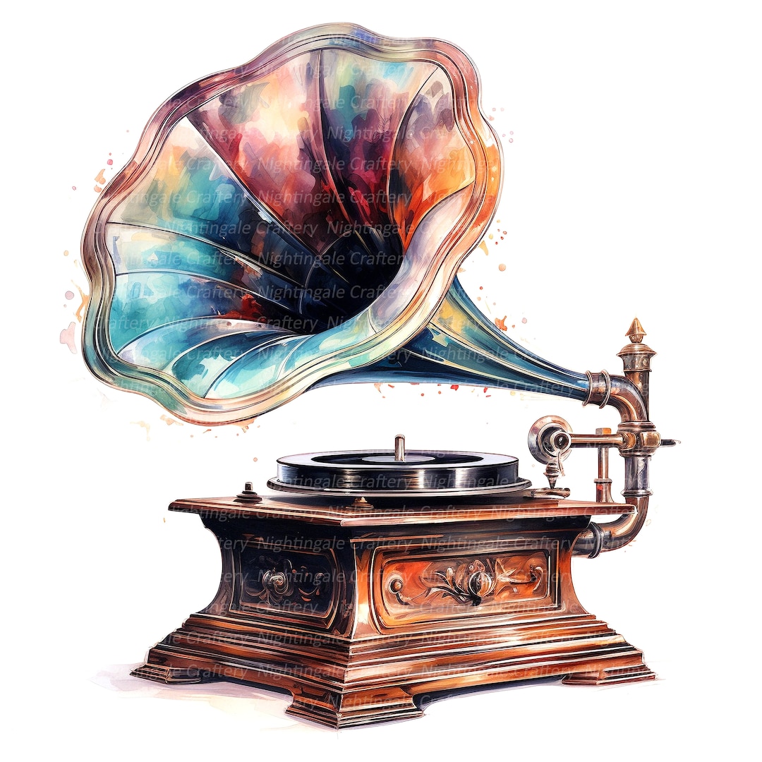8 Vintage Gramophone Clipart, Phonograph, Printable Watercolor Clipart, High Quality JPG ...