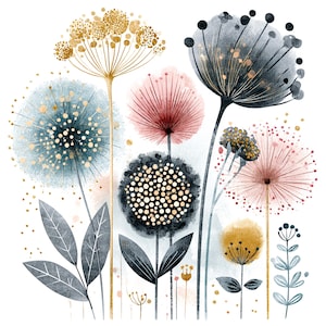 May include: A watercolour illustration of various stylised flowers with thin stems and round heads in shades of gold, blue, pink, and black. The composition features dandelion-like blooms, dotted textures, and pointed leaves on a white background.
