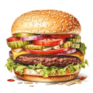 Op de afbeelding: Een grote, sappige hamburger met sla, tomaat, ui, augurken en kaas op een sesamzaadjesbroodje.