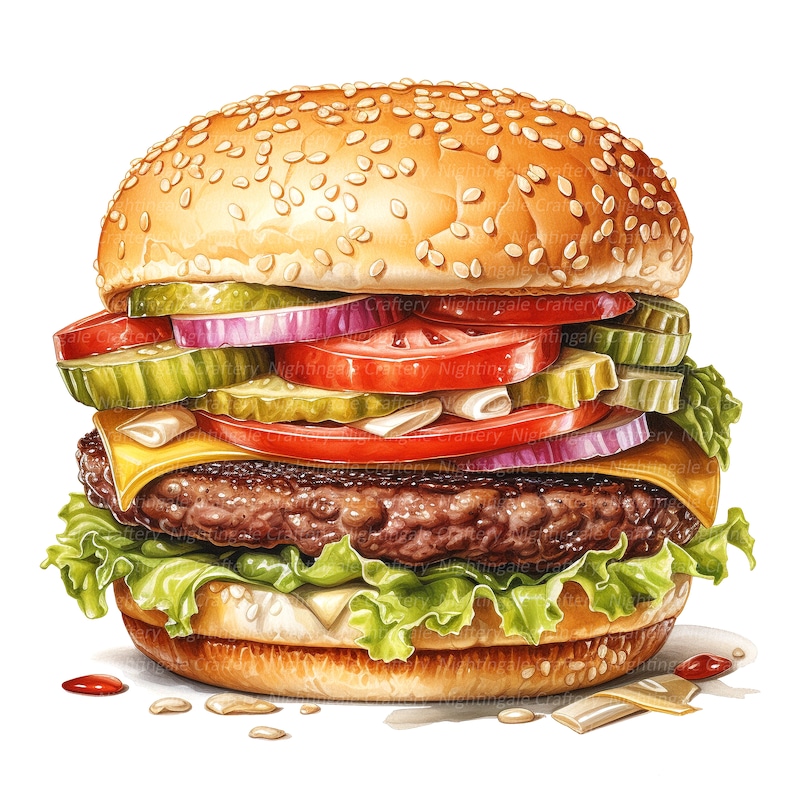Op de afbeelding: Een grote, sappige hamburger met sla, tomaat, ui, augurken en kaas op een sesamzaadjesbroodje.
