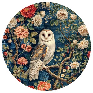 Peut inclure: Un hibou des granges blanc avec des marques brunes et dor&eacute;es perch&eacute; sur une branche dans un jardin luxuriant. Le hibou est entour&eacute; de fleurs roses, blanches et rouges, et l'arri&egrave;re-plan est d'un bleu profond.