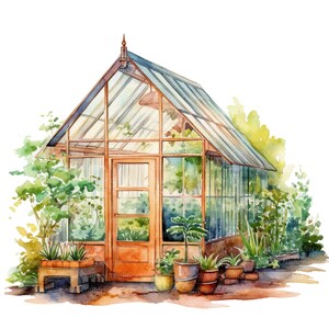 Puede incluir: Una pintura de acuarela de un invernadero con una puerta y ventanas de madera. El invernadero est&aacute; rodeado de plantas y flores en macetas.