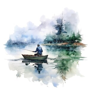 May include: A watercolor painting of a man in a boat fishing on a lake. The lake is surrounded by trees and mountains. The sky is a light blue color and there are clouds in the sky.