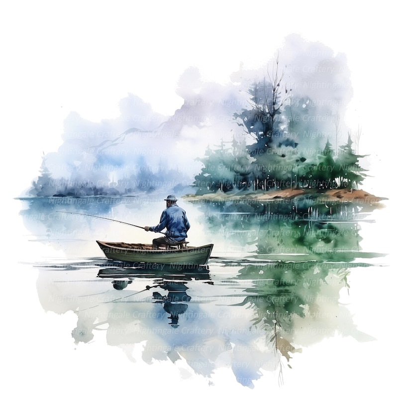 May include: A watercolor painting of a man in a boat fishing on a lake. The lake is surrounded by trees and mountains. The sky is a light blue color and there are clouds in the sky.