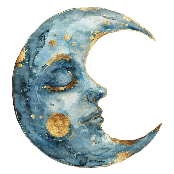 8 cliparts lune doré bleu, art mural visage lune, clipart aquarelle imprimable, JPG de haute qualité, téléchargement numérique, créations en papier, journal indésirable