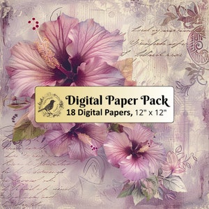 18 Vintage Hibiscus background papers, 12 x 12 Digital Paper pack, Junk Journal Paper, Scrapbook paper, Printable Paper, High Quality JPGs