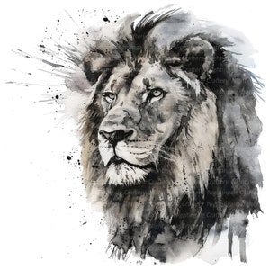 K&ouml;nnte beinhalten: Ein Schwarzwei&szlig;-Aquarellbild eines L&ouml;wenkopfes. Der L&ouml;we schaut nach rechts, und der Hintergrund ist ein Spritzer aus schwarzer und wei&szlig;er Farbe.
