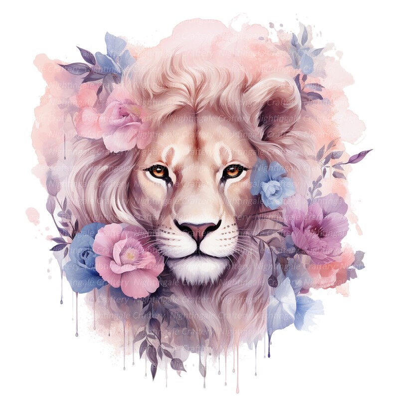 May include: A watercolor painting of a lion's face surrounded by pink, purple, and blue flowers. The lion has a soft, white mane and a gentle expression.