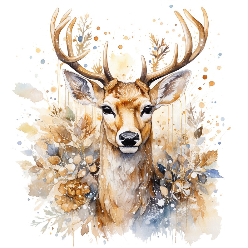 10 Golden Christmas Deer Clipart, Reindeer, Elk, Printable Watercolor ...