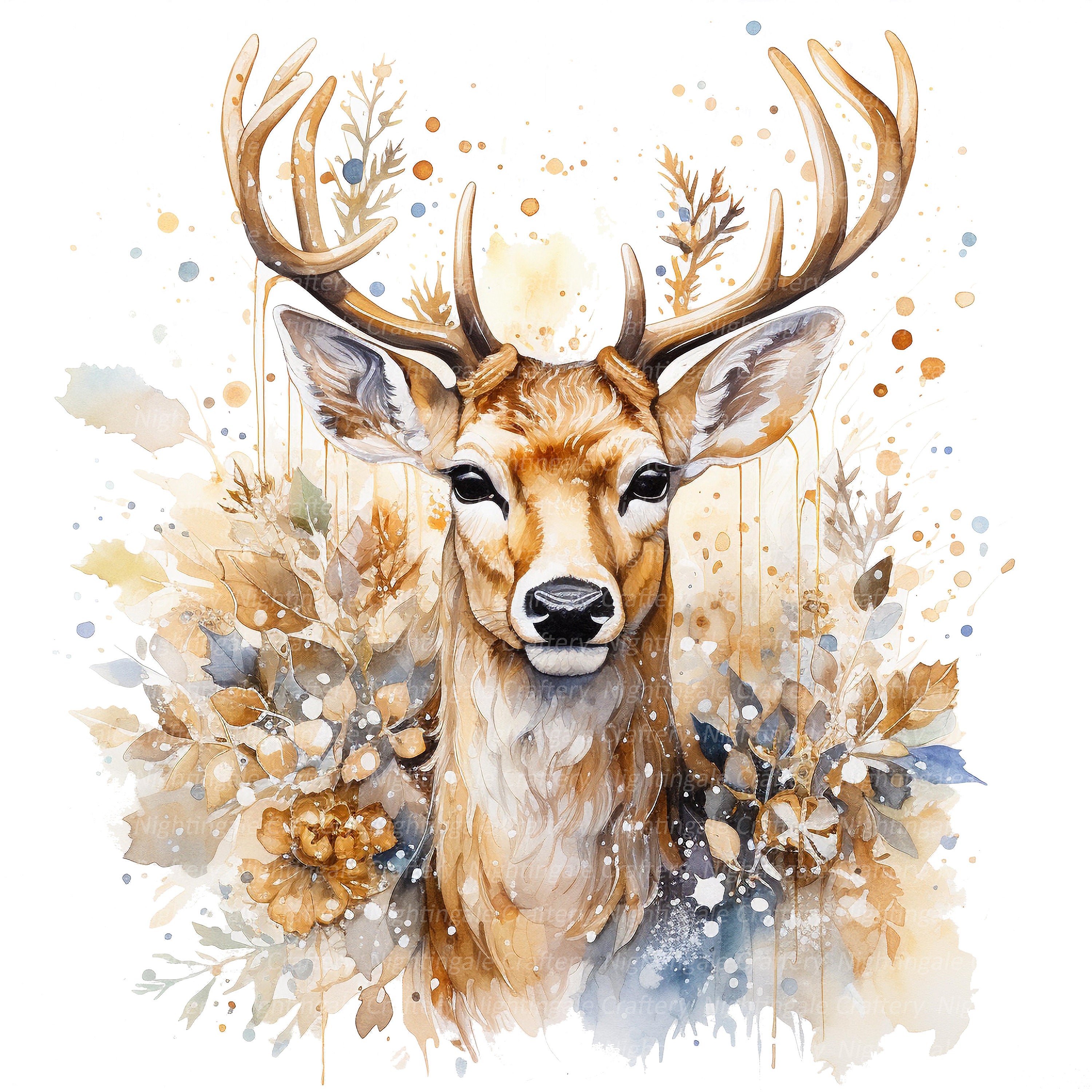 10 Golden Christmas Deer Clipart, Reindeer, Elk, Printable Watercolor ...