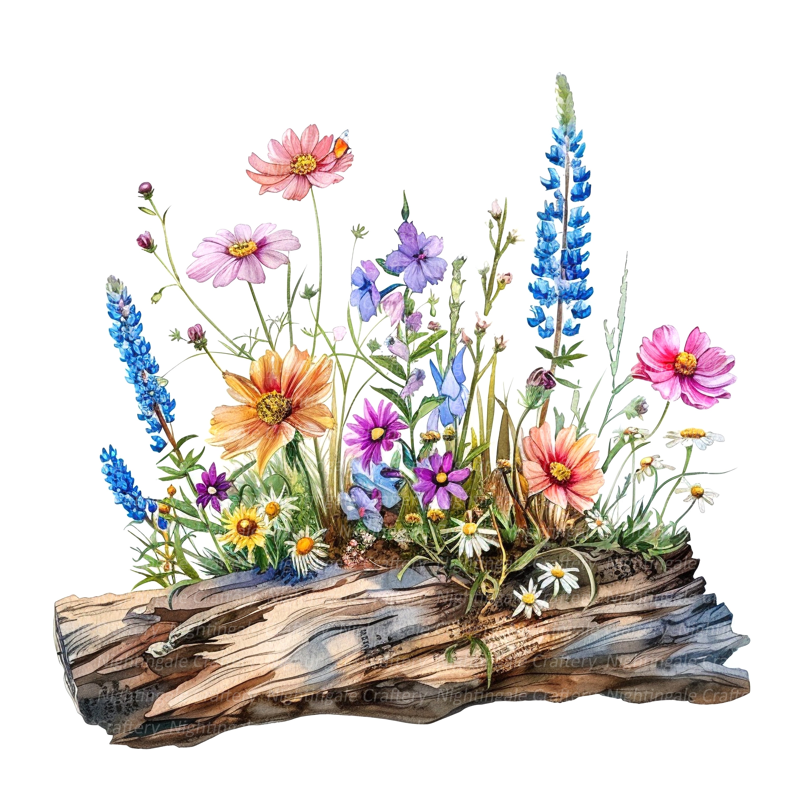 12 Wildflowers on Log Clipart Set 2, Wild Flowers, Printable
