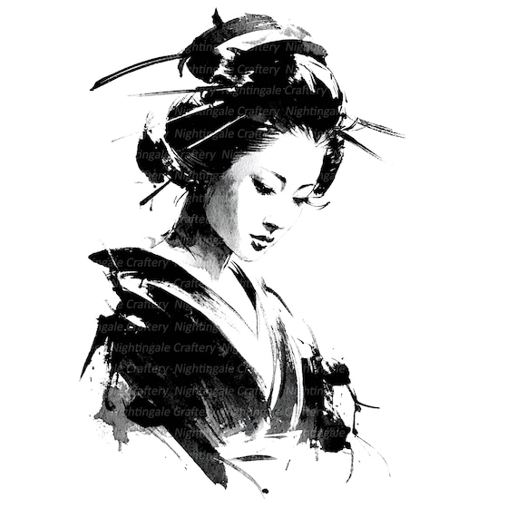 芸者クリップアート10点、芸者水墨画、白黒、印刷可能な水彩画クリップ
