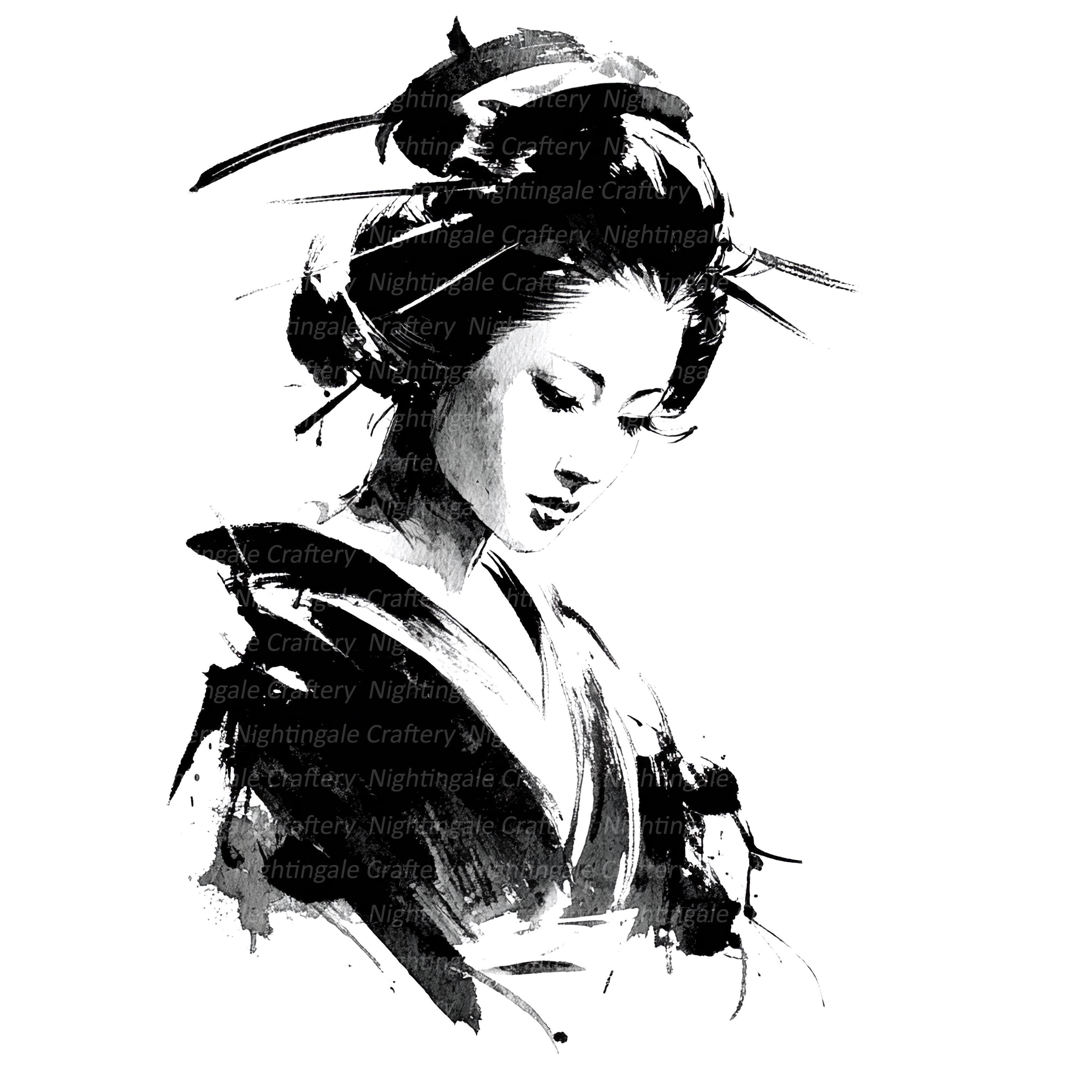 芸者クリップアート10点、芸者水墨画、白黒、印刷可能な水彩画クリップ