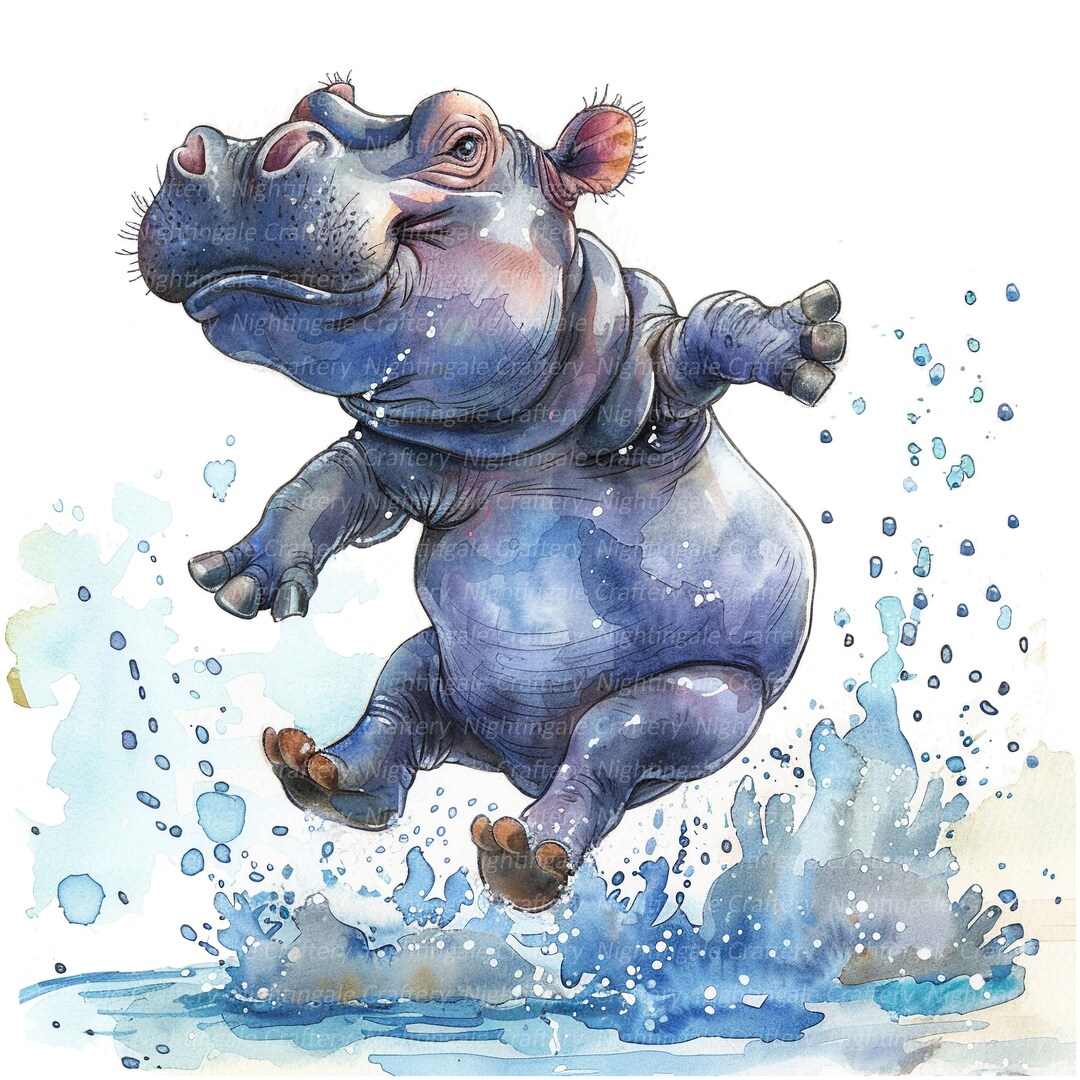 10 Cartoon Hippo Clipart, Happy Baby Hippo, Printable Watercolor ...