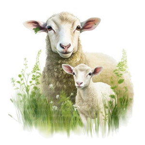 12 PNG Farmyard Sheep Clipart, Wydrukowalne akwarelowe clipart, Wysokiej jakości PNG, Pobieranie cyfrowe, Wysoka rozdzielczość, Rękodzieło papierowe, dzienniki śmieci