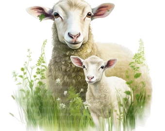 12 PNG Farmyard Sheep Clipart, Printable Watercolor clipart, High Quality PNG, Digital download, High resolution, Paper craft, junk journals