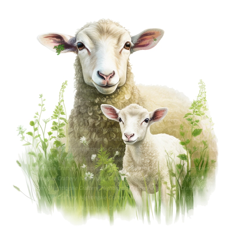 May include: A white sheep and a white lamb standing in a field of green grass and white flowers. The sheep is looking at the camera and the lamb is looking to the side.