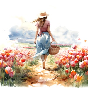 10 Imágenes prediseñadas de mujer en el campo de tulipanes, imágenes prediseñadas de tulipán, imágenes prediseñadas de acuarela imprimibles, JPG de alta calidad, descarga digital, artesanía de papel, diario basura