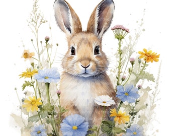 Op de afbeelding: Een aquarel van een bruin konijn met lange oren dat uit een veld met blauwe en gele wilde bloemen kijkt. Het konijn heeft een lieve uitdrukking en is omringd door verschillende bloemen.