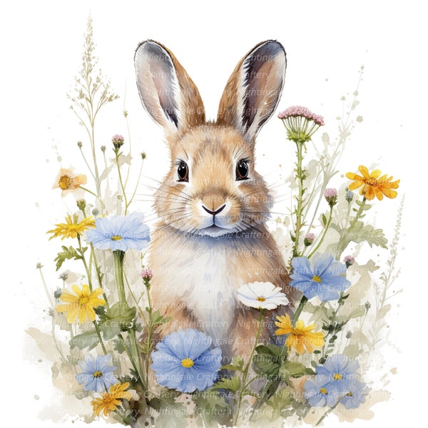 Cute Floral Bunny Clipart, clipart acquerello stampabile, 12 JPG di alta qualità, download digitale, alta risoluzione, artigianato di carta, diario spazzatura