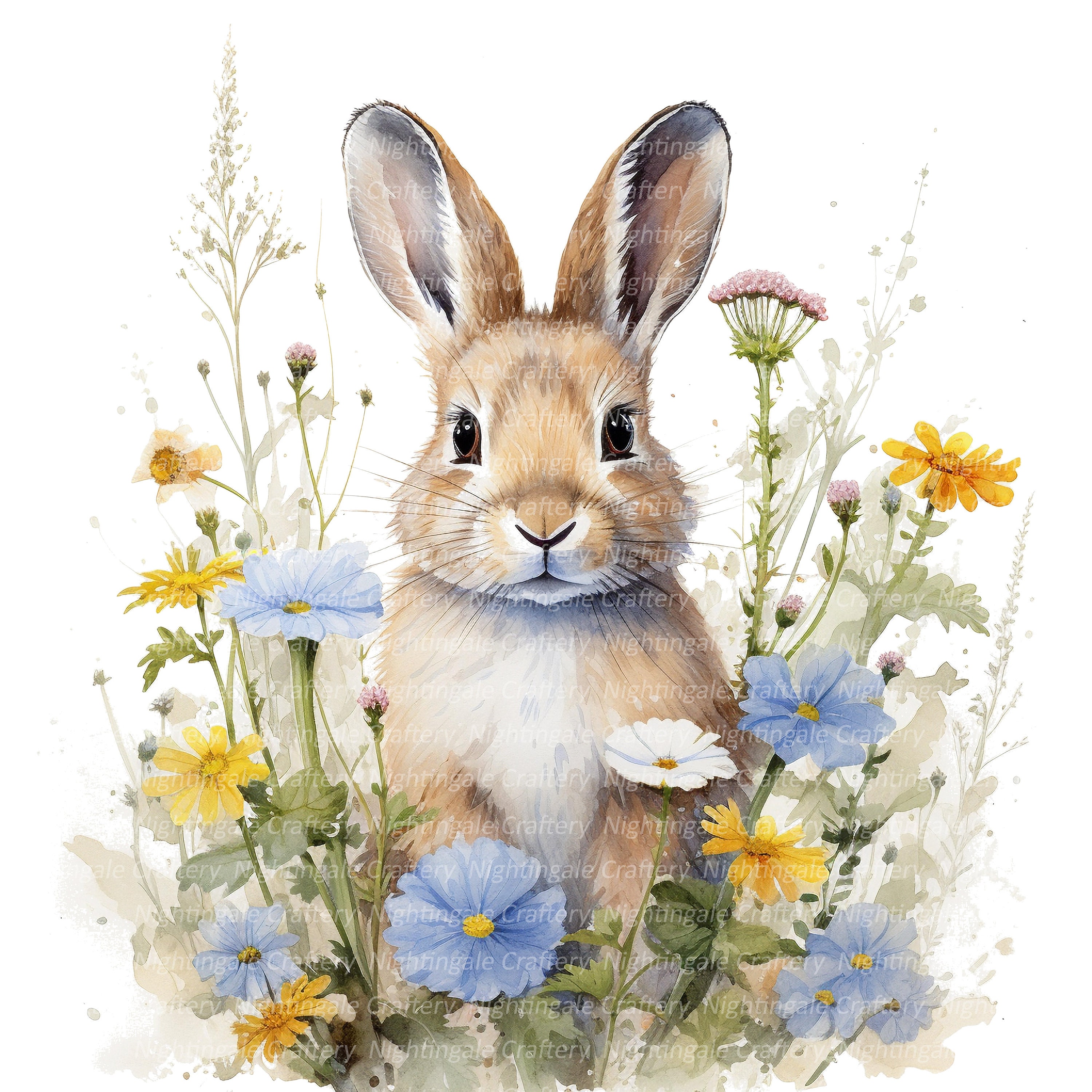 Cute Floral Bunny Clipart, Printable Watercolor Clipart, 12 High ...