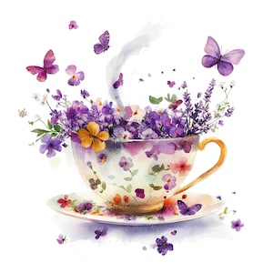 10 Clipart di tazze da tè floreali, Clipart di farfalle, Clipart di acquerelli stampabili, JPG di alta qualità, Download digitale, Carta artigianale, diari spazzatura