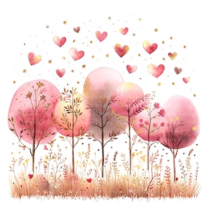 12 clipart di alberi e cuori, cuori astratti, clipart acquerello stampabile, JPG di alta qualità, download digitale, artigianato di carta, diario spazzatura