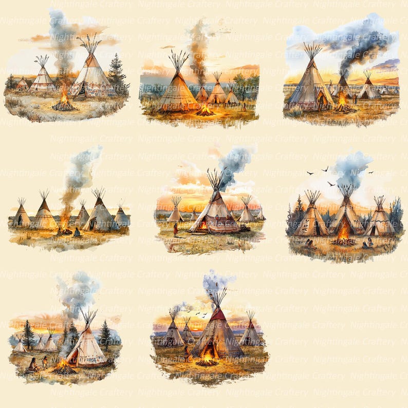 K&ouml;nnte beinhalten: Aquarellillustrationen von indianischen Tipis mit Lagerfeuern und Rauch vor einem Sonnenuntergangshintergrund. Das Kunstwerk zeigt verschiedene Kompositionen der Behausungen mit warmen Farben und detaillierten Darstellungen der Landschaft.