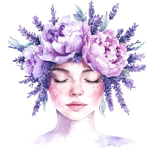 10 cliparts floral femme couronne, fleurs violettes, clipart aquarelle imprimable, fichiers JPG de haute qualité, téléchargement numérique, créations en papier, journaux indésirables