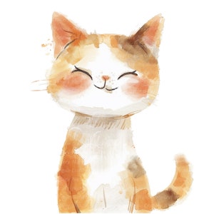 May include: A watercolor painting of a cute orange and white cat with closed eyes and a big smile. The cat is sitting with its tail curled around its body.