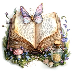 Livre d'histoires enchanté, fée magique, clipart, clipart aquarelle imprimable, fichiers JPG de haute qualité, téléchargement numérique, créations en papier, journaux intimes