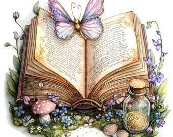 May include: An open book with a purple butterfly on the cover, surrounded by flowers and a small glass bottle filled with gold glitter. The book has a vintage look and the pages are filled with handwritten text.