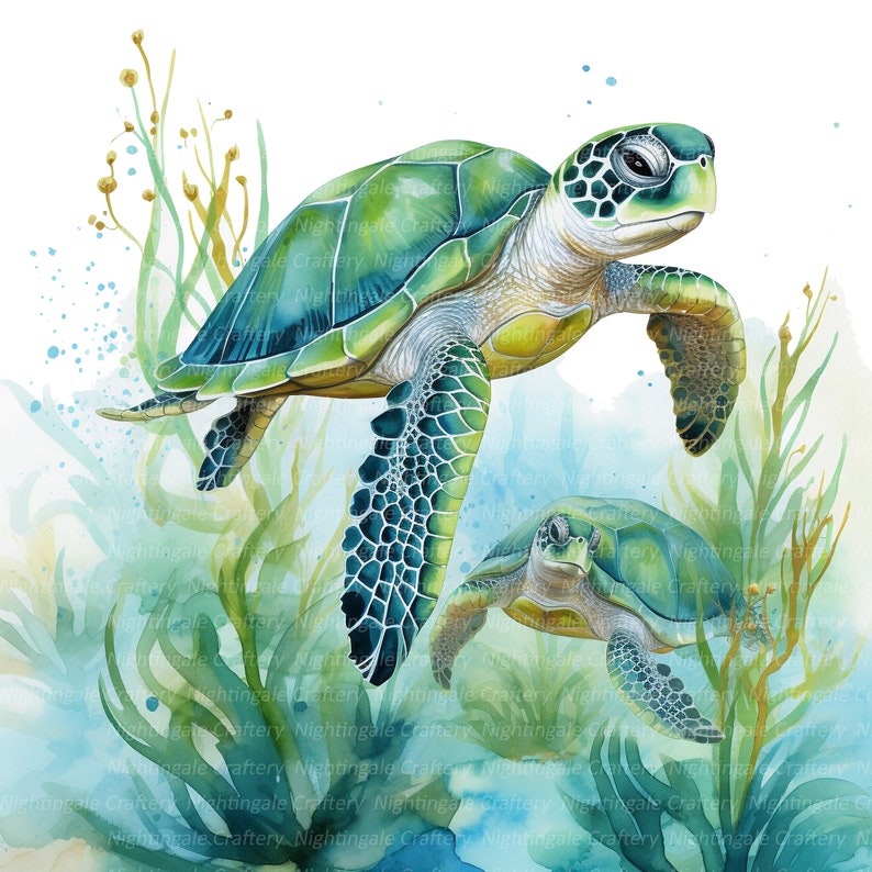 May include: Watercolor painting of two sea turtles swimming in an aquatic environment. The turtles have green shells and are surrounded by green seaweed and blue water. The image has a soft, artistic style.
