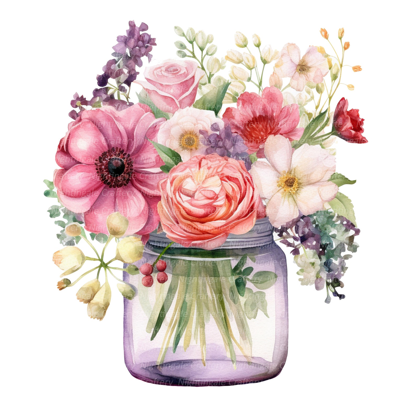 16 Flowers in Jar Clipart, Wild Flowers Clipart, Printable Watercolor ...