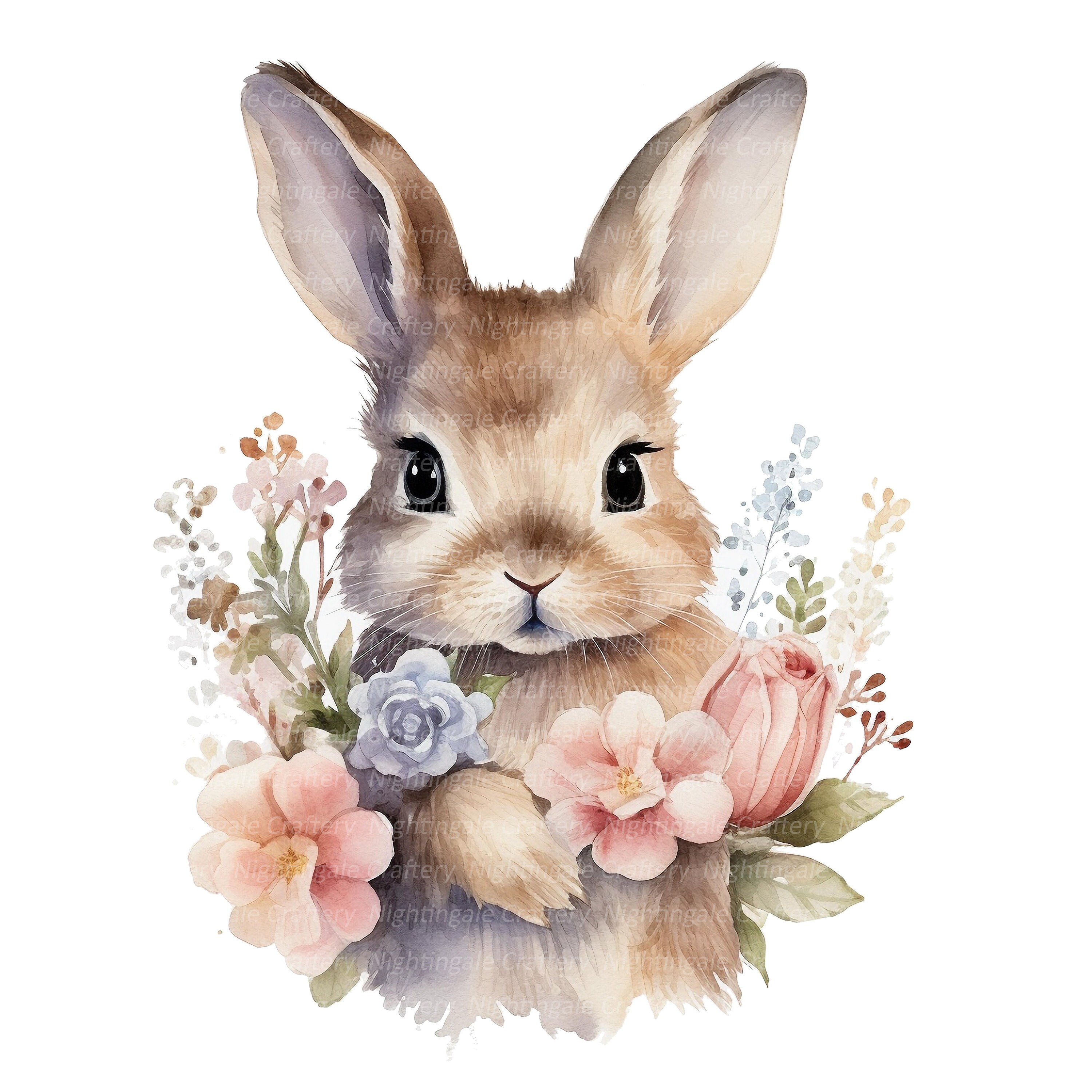12 Bunny Clipart, Flowers Bouquet, Rabbit, Printable Watercolor Clipart ...