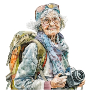 12 Imágenes prediseñadas de viaje de mujer mayor, viajero, imágenes prediseñadas de acuarela imprimibles, JPG de alta calidad, descarga digital, artesanía de papel, diarios basura